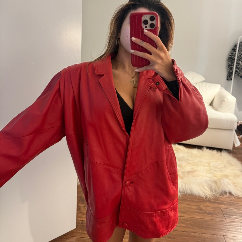vintage red leather european moto oversized jacket